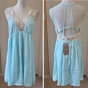 Paper Crane Sky Blue Mini Dress with Cream Crotchet Detail Accent NWT